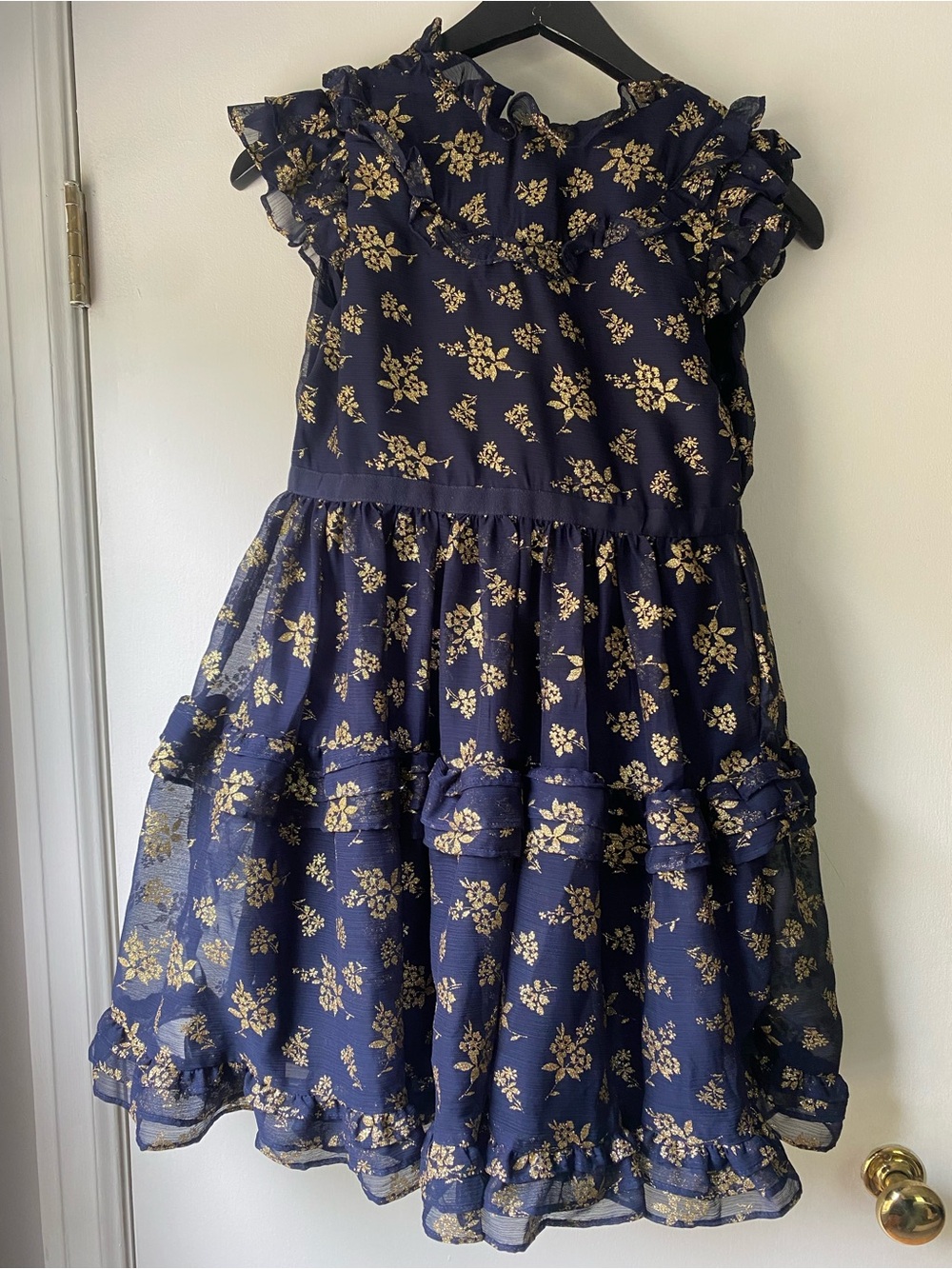 Janie and Jack Navy Dress with Gold Floral Print and Ruffle Tiers